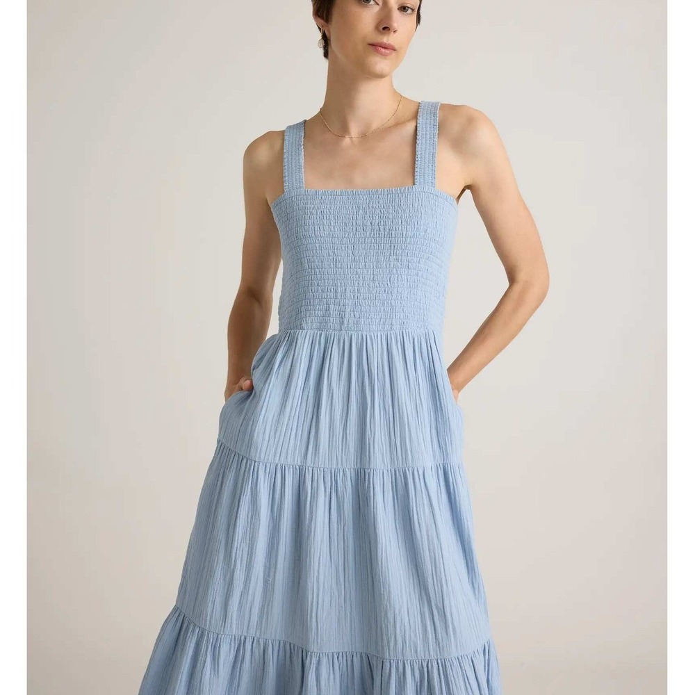 Quince Organic Cotton Gauze Smocked Tiered Maxi Dress Light Blue Pockets Small - Picture 2 of 11